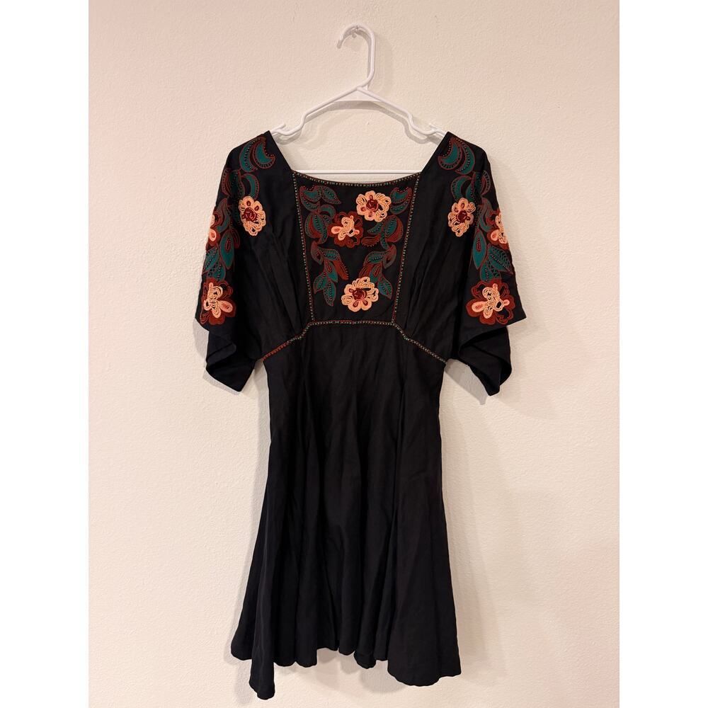 Feather Bone Embroidered Mini Dress Women’s SP Black Floral Boho Dress - Picture 2 of 10